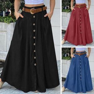 Work Dresses Summer Maxi Skirt Women Solid Color High Waist All Match Button Decor A-line Female Garment