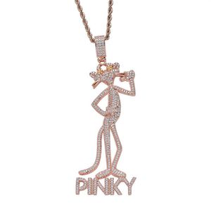 Iced Out Halskette mit Anhänger „Pink Panther und Söhne“ mit Zirkon-Mikropavé, vergoldet, versilbert, glitzernder Hip-Hop-Schmuck, 298 Jahre