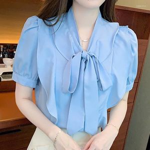 Blouses feminina Casual Buffled Puff Mulher curta Mulher Blusa Elegante Roupos de Lady Lady Summer Blue Shirt With Bow-deco