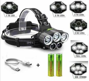 5 LED-Hochleistungs-Stirnlampen, wiederaufladbare USB-Scheinwerfer mit 18650-Batterie, Kopf-Taschenlampen, Taschenlampe, wasserdicht, 6 Modi, Outdoor, Radfahren, Angeln, blaue Lichter, Lampenlicht