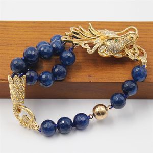 Guaiguai Jewelry 천연 10mm 둥근 측면 파란색 마이크 CZ 여성용 여성용 Dragon 커넥터 팔찌 Lady Jewelry233f