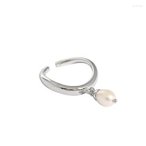 Cluster Rings 1PC Authentic 925 Sterling Silver Freshwater Pearl Glossy Wave Drop Ring Tassel Adjust Jewelry TLJ1485