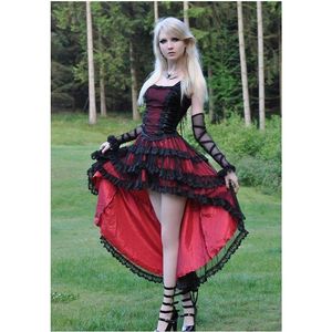 Gotiska prom klänningar flickor hög låg röd och svart spets tyll satin remmar korta front långa bakre festklänningar anpassade storlek197b