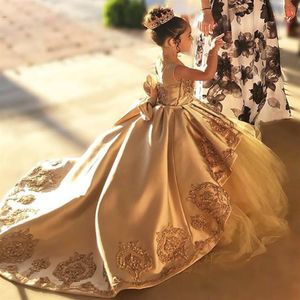 Vintage Gold Tulle Flower Girls Dresses First Communion Dress Kids Toddler Evening Prom Ball Gown Brithday Party Bow Girl Long Pag193c