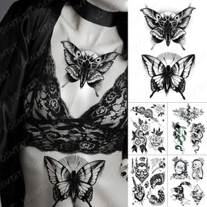 Adesivo de tatuagem temporária à prova d'água Escuro Old School Mariposa Borboleta Flash Tatuagens Serpente Rosa Arte Corporal Braço Tatuagem Falsa Mulheres Homens