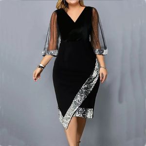 Plus size Dresses Plus Size Evening Party Dress for Women Elegant Sequin V Neck Mesh Sleeve Velvet Irregular Formal Occasion Dress Vestidos 230720