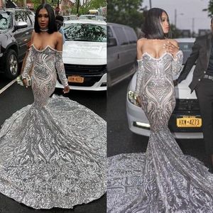 Luxury Silver Sequined Long Sleeve Mermaid Prom Dress for Black Girls Plus Size Court Train African Evening Formal Dresses 2020231i