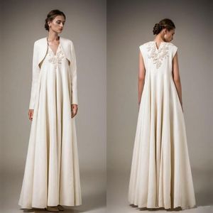 Ashi Studios 2018 Fildişi Satin Prom Elbiseler Ceketli Yeni Tasarımcı Zemin Uzunluğu Resmi Akşam Elbise Seksi Dantelli Parti DR278B