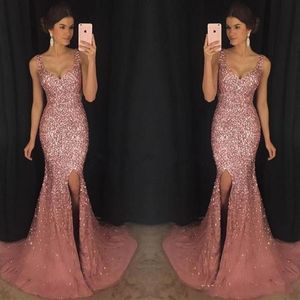 2020 Rose Pink Bling V Neck Mermaid Evening Dresses Luxury Crystal Beaded Pageant Dress Major Beading Split Sweep Train Formal Pro243p