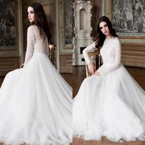Modest Elegant Full Lace Boho Country A-Line Wedding Dresses Sheer Long Sleeves Illusion Back Tulle Bridal vestidos de novia273r