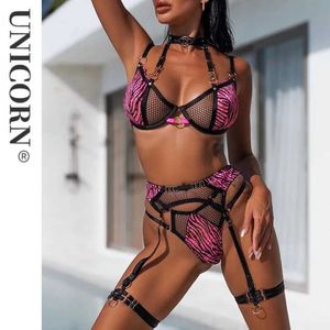Sexy Leather Zebra Lingerie Fancy Lace Underwear See Through Halter Bra Delicate Intimate Luxury Outfits Garters Brief Sets 230717