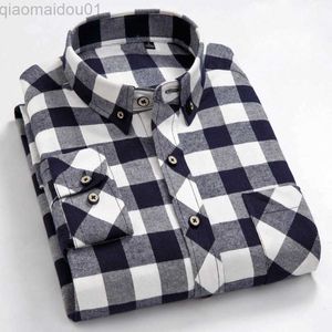 Men's Casual Shirts Men's Casual Standard-fit Long Sleeve Brushed Flannel Shirt Single Patch Pocket Button Down Plaid Checkered Thick Cotton Shirts L230721