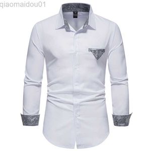 Camisas casuais masculinas Camisa branca contrastante Paisley masculina 2023 Marca slim fit manga comprida Camisa casual comercial masculina Camisas sociais casuais de botão XXL L230721