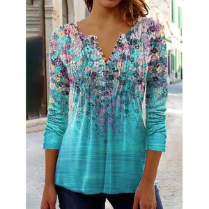 Camiseta Feminina 3D Flor Estampada Botões Decote em V Blusa Moda 3/4 Manga Curta Casual T-Shirts Elegantes Blusas Y2K Roupas Femininas de Verão 230721