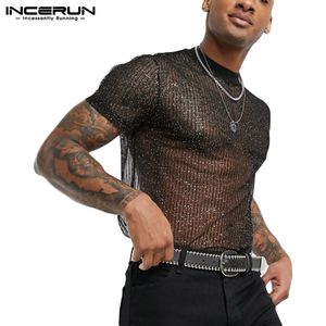 Männer T-Shirts INCERUN Mode Männer Mesh T-shirt Durchsichtig Kurzarm Slim Shiny Party Nachtclub Sexy T-shirts Dünne Atmungsaktive Camiseta 230720