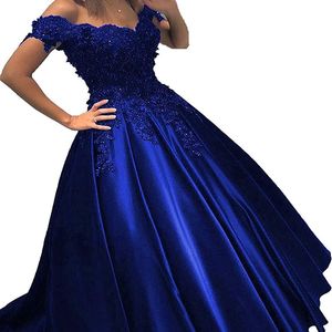 Vestidos de Baile Azul Royal Vestido de Baile Fora do ombro Renda 3D Flores Frisadas Espartilho Costas Cetim Vestido Formal Vestidos de Noite270u