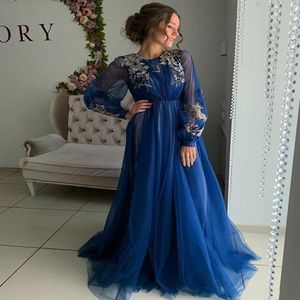 2021 Blau Elegante Lange Ärmel Abendkleider A-linie O-ansatz Robe De Marrige Tasten Zurück Tüll Formale Dame Prom Kleider vestidos Pl208o