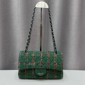 Knitting Wool Tweed Designer Green Classic Double Flap Bag Gold/Silver Metal Hardware Matelasse Chain Women Crossbody Shoulder Handbag Fashion Purse Tote 20/25cm