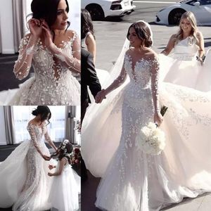 2021 Designer Lace Mermaid Wedding Dresses With Detachable Train Sheer Neck Long Sleeve Bridal Gowns 3D Floral Applique Marriage G315z