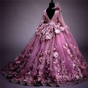 2019 Plum 3D Floral Applique Ball Gown Girl Pageant Dresses Sheer Long Sleeve Appliques Floor Length Kids Toddler Pageant Gowns BC267b