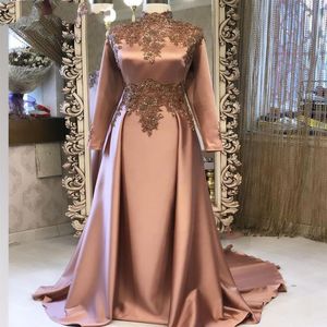 Elegant Brown Dubai Arabic Muslim Long Sleeves Evening Dresses Beaded Lace Appliques Satin Formal Prom Dress Party Gowns Custom Ma2581