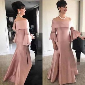 Dusty Pink Mother's Dresses Plus Size Mermaid Off the Shoulder Bell Sleeves Floor Length Mother of the Bride Dress Custom Mad321S