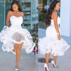 Vestido de Baile Sereia Branco Comprimento do Chá Sweetheart Babados Plus Size Coquetel Sem Costas Roupa de Festa Africana 315P