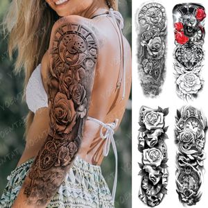 Grande tatuaggio manica braccio leone tigre orologio tatuaggio temporaneo impermeabile adesivo maschera rosa body art tatuaggio finto completo donna uomo