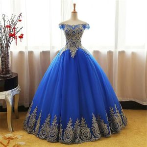 Niebieskie sukienki Quinceanera Tiul ze złotymi aplikacjami koronkowe słodkie 16 suknie balowe vestidos de 15 anos QC1466242X