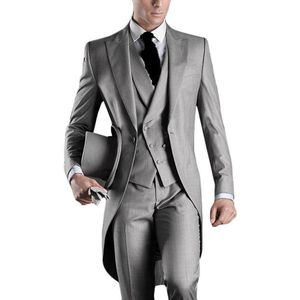 Högkvalitativ brudgum Tuxedos One Button Light Grey Peak Lapel Groomsmen Man Suit Wedding Mens Suits Jacket Pants Vest Tie J19229W