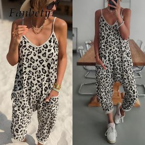 Kadın Tulumlar Moda Ladies Leopar Baskı Sokağı Genel Lady Casual Vneck Cepleri Uzun Tulum Şık Kadınlar Plaj Slim Romper 230720