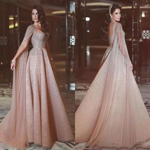 2017 Eleganckie koraliki długie sukienki wieczorne z rękawami z peleryny paski A-line długi różowy tiul imprezowy suknie wieczorowe z koralikami Vestidos Fest223f