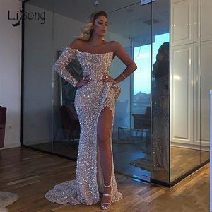Luxury Off Shoulder Mermaid Prom Dresses Sexy One Shoulder Long Sleeves High Side Split Evening Gown Plus Size Formal Party Gown194d