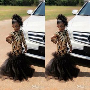 2019 Black and Gold Mermaid Flower Girl Dresses With Sequins Lace Ruffle Train Girls Pageant Dress Plus Size Formal Little Prom Pa271E