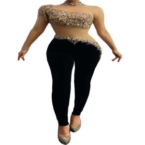 V49 Sexiga kvinnor Se genom Rhinestones Bodysuit Stretch Crystal Mesh Black Jumpsuit Bar Perform Singer Leotard Tights Proom DJ Par2294