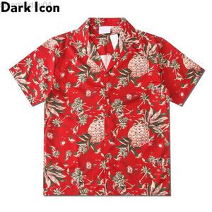 Camisas masculinas casuais vermelho escuro camisa havaiana masculina gola cúbica camisa de rua vintage camisas de verão para homem L230721