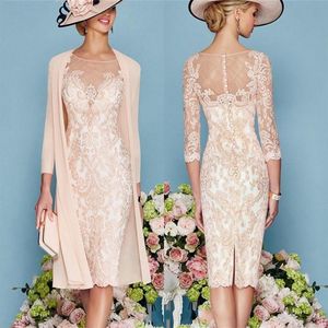 Lace Mother Of The Bride Dresses Formal 3 4 Sleeve Knee Length Sheer Neck Applique Mother Groom Dresses Lace Wedding Guest Dress319c