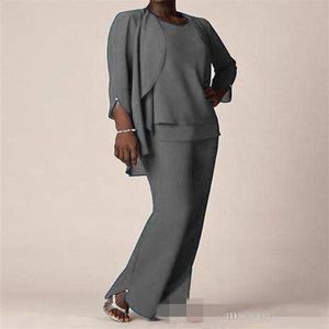 Grey Chiffon Formal Pant Suits For Mother Groom Dresses Evening Wear Long Mother of the Bride Dresses With Jackets Plus Size Cust229L