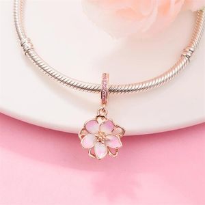 Autêntica conta de prata esterlina 925 2022 primavera cor rosa flor de cerejeira pingente pendente serve para pulseira Pandora miçangas de prata faça você mesmo para J198p