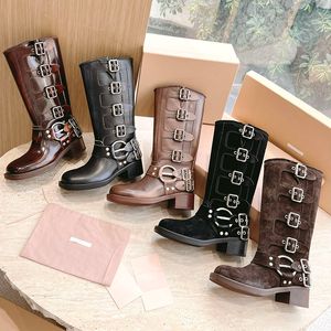 حزام تسخير حزام البقر من الجلد راكب الدراجة النارية أحذية الركبة مكتنزة الكعب Zip Knight Boots أزياء مربع Toe الجوارب الكاحل