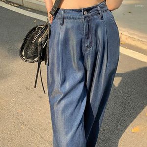 Kadın kotları ultra ince koyu mavi yüksek bel örtülü geniş bacaklar denim pantolon kadınlar yaz gevşek düz buz ipek gündelik sokak kıyafetleri