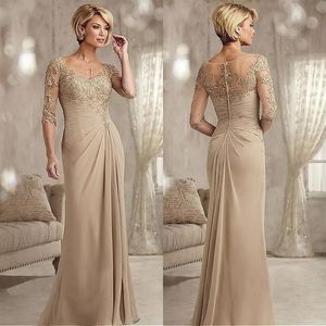 Elegant Long Mother Of The Bride Dresses With Sleeves Sexy V Neck Fulll Length Chiffon Wedding Guest Dress Lace Groom Mom Party Go276v