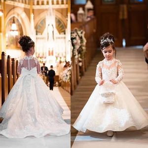 New Princess Flower Girl Dresses For Weddings Illusion Lace Appliques Tulle Long Sleeves Child Birthday Communion Girls Pageant Dr242G