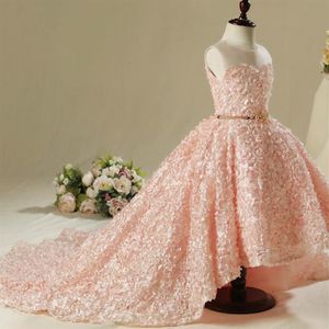 2019 Söt rosa spetsar HI Low Flower Girls Dresses Jewel Ball Gown med Sash Gilrs Pageant Gown First Communion Dresses287n