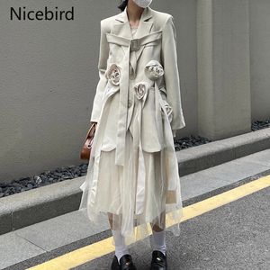 Two Piece Dress Nicebird Tie Flowers Dress Women Floral Ribbon Blazer Folds Splice Mesh Dresses Fall Fashion Luxury Matching 230720