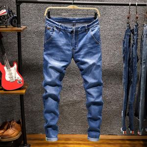 Mode mager jeans män rak smala elastiska jeans herrar casual cyklist manlig stretch denim byxor klassiska pants263p