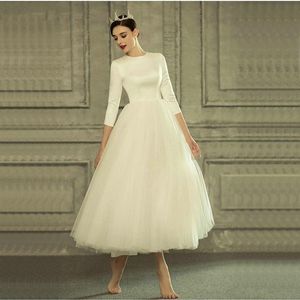 Vintage 50s Tutu Suknia ślubna 3 4 rękawy Fancy tiul herbata długość krótkich sukien ślubnych vestido de noiva dostosuj plus size 2020254T
