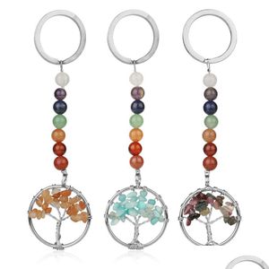 Keychains Lanyards Natural Stone 7 Chakra Keychain Energy Yoga Reiki Tree Of Life Pendant Key Holder For Women Accessories Jewelry Dhnhj