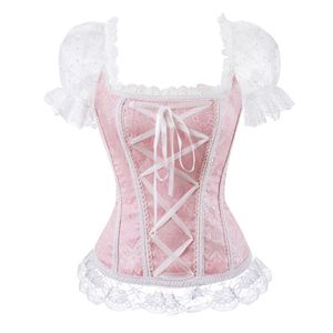 Kwiatowy Overbust Corset Kamizel Bustier Zorganizowanie wierzchołków dla kobiet z rękawami koronkowymi brokatowymi paskiem na ramię