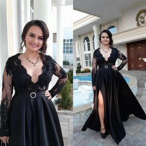 Long Sleeve Mother of the Bride Dresses for Wedding Party Black Lace Satin Open Leg Slit Evening Prom Gowns Luxury Customized298N